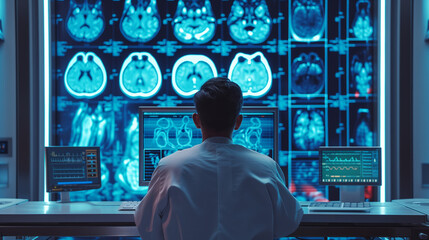 Neurologist Reviewing MRI Brain Imaging. Male neurologist analyzing high-resolution MRI brain scans on multiple monitors. - obrazy, fototapety, plakaty