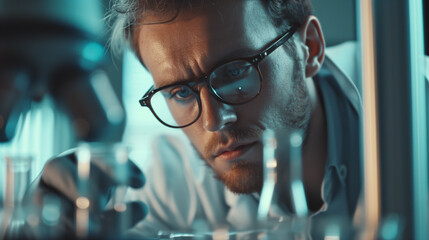 Intense Researcher Analyzing Liquid Sample. Focused scientist with glasses inspects a liquid test sample in a lab.