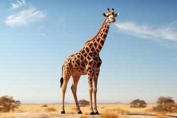  a giraffe standing in the middle of a dry grass field with a clear blue sky in the background.