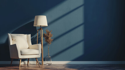 Chair with lamp in living room interior, dark blue wall mock up background. Generative Ai