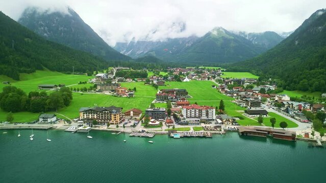 Drone Austria. Lake Achen Achensee in Austrian Alps. popular tourist sightseeing destination in Tyrol region. 