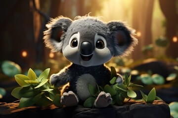  a stuffed koala sitting on top of a tree stump in the middle of a forest with lots of leaves.