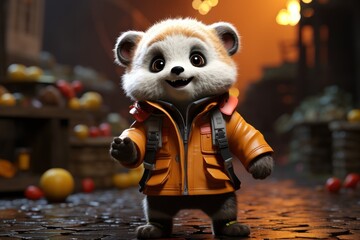  a close up of a stuffed animal wearing a jacket and standing on a cobblestone floor with lights in the background.