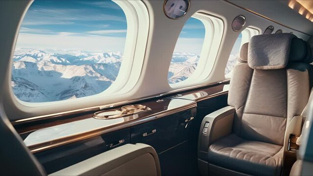 The private jets premium audio setup delivers a concertlike ambience inside the cabin, enhanced by the stunning visuals of the snowcovered mountains seen through the large window.