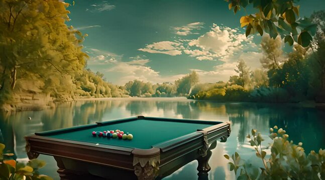 Billiards table with a beautiful view of calm nature displays a concentrated game of billiards