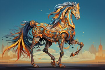  a digital painting of a horse in the middle of a desert with a city in the back ground and a blue sky in the background.