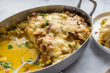 Casserole with minced meat, savoy cabbage and cheese