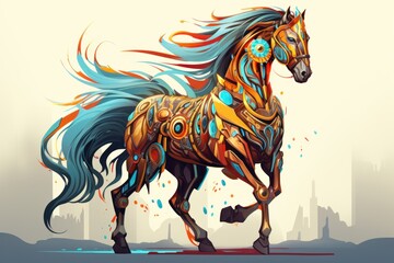  a painting of a horse with blue, orange, and yellow hair on it's back legs and tail.