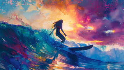 Riding the Neon Tide: A Dynamic Watercolor Depiction of a Surfer Girl