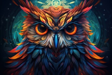  a painting of an owl with orange eyes and colorful feathers on a dark background with a glowing star in the center of the owl's eyes.