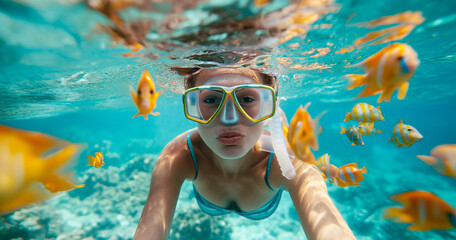 young woman snorkling with colorful fish in ocean waters summer concept