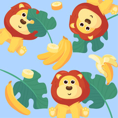 Fototapeta premium A pattern incorporating different configurations of bananas, a slice of banana, a whole banana, a peeled banana, and lions.