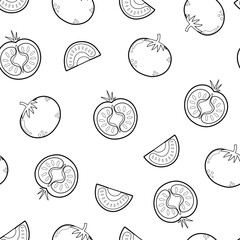 Tomatoes black and white seamless pattern. Healthy vegetable outline background for coloring. Organic food ingredient print. Vector illustration