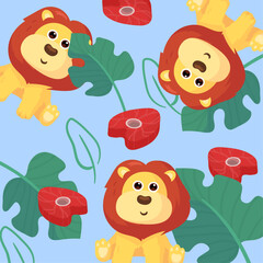 A pattern incorporating different configurations of bananas leaves ,meats and  lions.