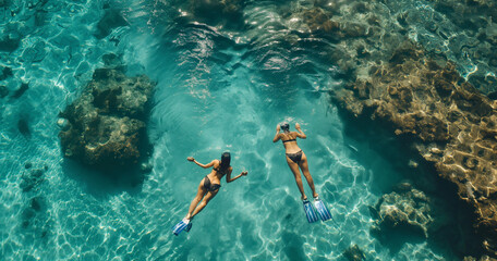 man and woman snorkeling in turquoise water with blue fish and corals high angle summer concept