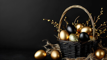 elegant golden and black Easter eggs in the basket, on a black background with empty copy space