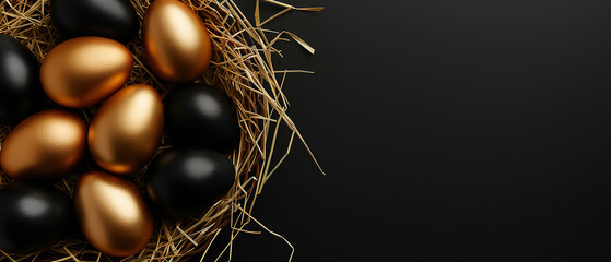 elegant golden and black Easter eggs in the basket, on a black background with empty copy space