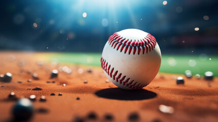 A close-up of a baseball resting on the pitcher's mound with stadium lights in the background. - obrazy, fototapety, plakaty