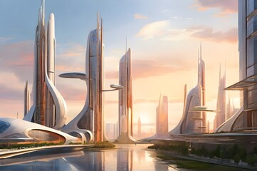 sunset at a futuristic cityscape