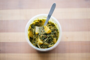 saag aloo in a takeout container with a fork