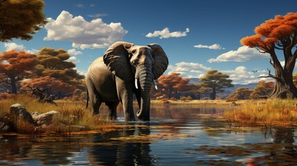 Fototapeta premium An elephant playing at a river's edge