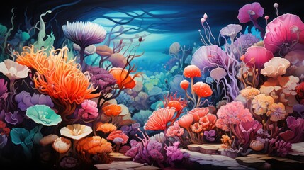  a painting of an underwater scene with corals and other marine life on the bottom and bottom of the picture.