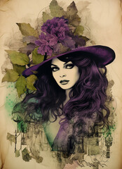 Beauty witch in the hat, old vintage paper for scrapbooking
