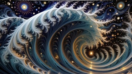 Mystical Cosmic Waves - A Digital Art Illustration of Swirling Galactic Patterns with Stars and Planets in Deep Space