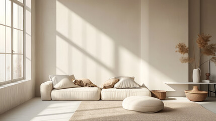 Fototapeta premium Home mock up, modern beige room interior, Scandinavian style. Generative Ai