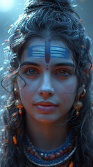 Hindu god Shiva in a temple against blue sky in outdoors . AI Generative
