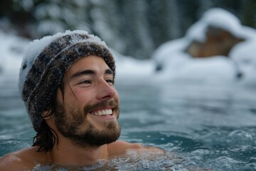 Male with bonnet taking therapeutical ice bath in nature