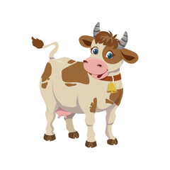 Cute cartoon illustration of a spotted cow. A cheerful mammal with a bell for children's posters, postcards and the alphabet. Vector cute illustration