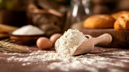 White flour on the background of the kitchen table. Baking powder.