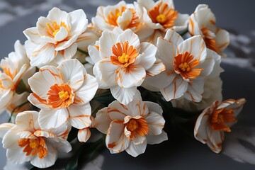  a bunch of white and orange flowers sitting on top of a black and white table cloth on a gray surface.