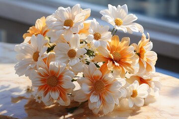  a bouquet of white and orange daisies on a marble slab of a table with a window in the background.