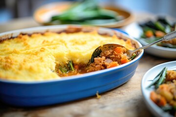 shepherds pie with a crispy crust and a serving spoon