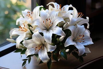  a bouquet of white lilies sitting on top of a window sill in front of a window sill.
