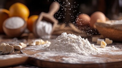 White flour on the background of the kitchen table. Baking powder.