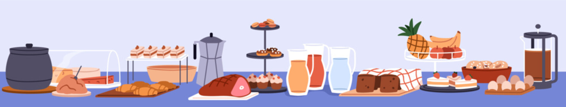 Smorgasbord, buffet-style serving. Food, drinks and desserts for breakfast on table. Hotel lunch with snacks, bakery, fruits, eggs, meat, bread, juice, tea and coffee. Flat vector illustration
