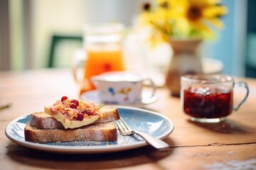 sourdough bread with jam and coffee for breakfast - obrazy, fototapety, plakaty