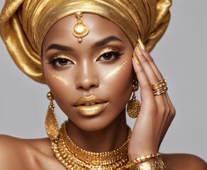 Portrait closeup Beauty fantasy african woman face in gold paint. Golden shiny skin.