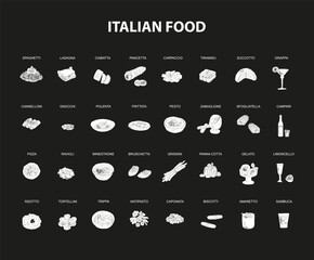 Italian food set vector illustration. Engraved, bundle of traditional dishes, homemade and restaurant dinner dishes and sauces cooking in cuisine of Italy - obrazy, fototapety, plakaty