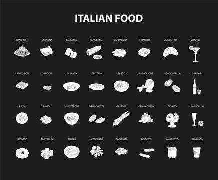 Italian food set vector illustration. Engraved, bundle of traditional dishes, homemade and restaurant dinner dishes and sauces cooking in cuisine of Italy