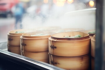 steaming dim sum in bamboo steamers in chinese truck - obrazy, fototapety, plakaty