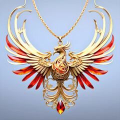 beautiful gold phoenix eagle charm/pendant/necklace with flaming gem feathers hanging on a golden chain - studio shot jewelry