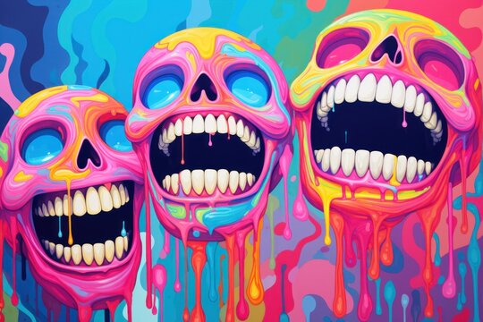  a painting of three skulls with their mouths open and dripping paint all over the sides of their heads and mouths.