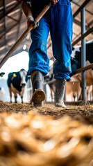 Farmer working in barn with dairy cows, agricultural lifestyle.
 - obrazy, fototapety, plakaty