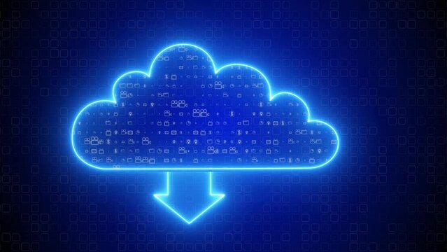 Cloud and edge computing technology concept with cybersecurity data protection system. Three large cloud icons stand out on the right. polygon connection slow motion small icon on dark blue background