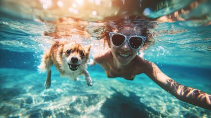 Happy woman and little dog swimming underwater in pool, summer, happy, lifestyles, vacation, holiday, healthy, active, joy, happiness, recreation, enjoyment - obrazy, fototapety, plakaty