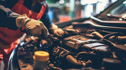 mechanic is doing the annual car inspection. Car repair shop is ready to serve. Car mechanic inspects car engine problems technical inspection engine safety Maintenance Changing the engine oil - obrazy, fototapety, plakaty